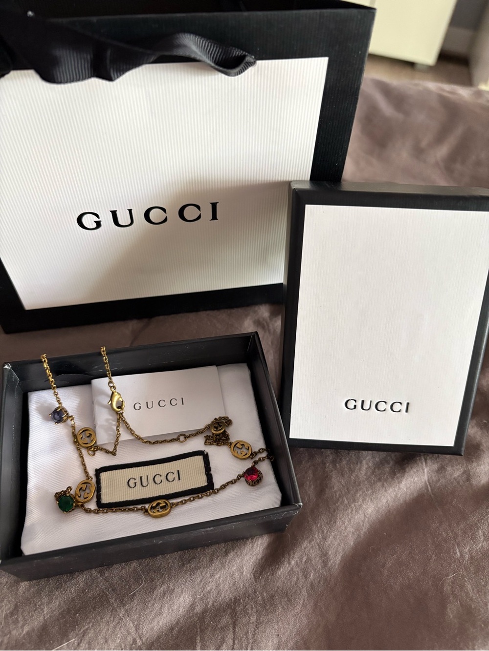 Gucci Old Gold-Tone Chain Necklace with Green, Red and Purple Gem Charms 20” - Picture 3 of 8